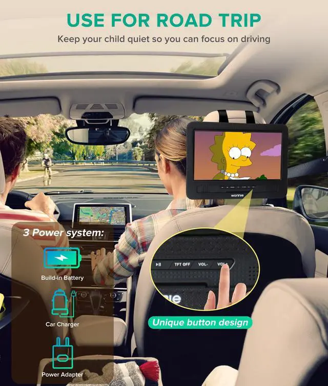 Alt view image 3 of 5 - WONNIE 12.5" Portable DVD Player Car Headrest Video Player with 10.5" Swivel Screen, 5-Hours Rechargeable Battery, Car Headrest Holder, Dual Speakers, Support USB/SD Card/Sync TV, All Regions