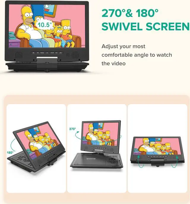 Alt view image 4 of 5 - WONNIE 12.5" Portable DVD Player Car Headrest Video Player with 10.5" Swivel Screen, 5-Hours Rechargeable Battery, Car Headrest Holder, Dual Speakers, Support USB/SD Card/Sync TV, All Regions