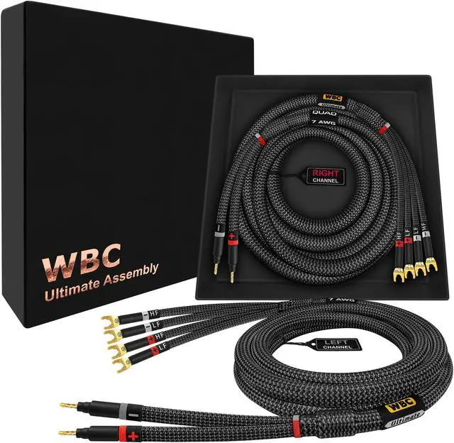 Main image of WORLDS BEST CABLES 10 Foot Ultimate - 7 AWG - Ultra-Pure OFC  Extra Premium Audiophile HiFi Bi-Wire Speaker Cable Pair with Eminence Gold Banana (x2) & Spade (x4) Plugs & Carbon Tweed Jacket