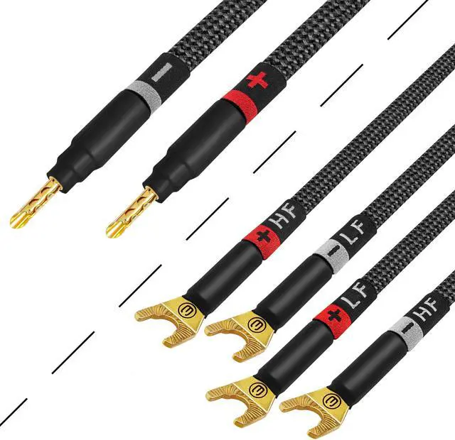 Alt view image 4 of 5 - WORLDS BEST CABLES 10 Foot Ultimate - 7 AWG - Ultra-Pure OFC  Extra Premium Audiophile HiFi Bi-Wire Speaker Cable Pair with Eminence Gold Banana (x2) & Spade (x4) Plugs & Carbon Tweed Jacket