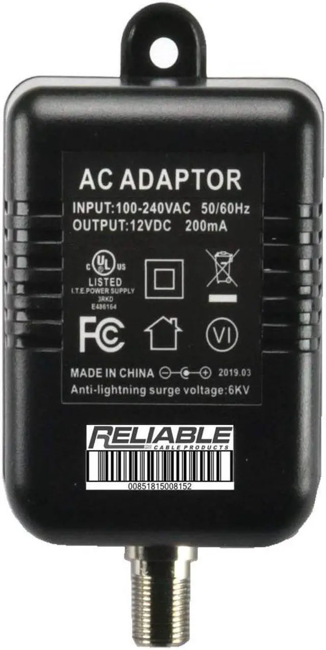 Main image of Reliable Cable Power Supply, High Efficiency OEM Replacement Wall Mount Coax Coaxial Power Adapter for CATV Drop Amplifiers 12V 200mA (0.2A) with F-Type Connection, DoE Level VI Rated