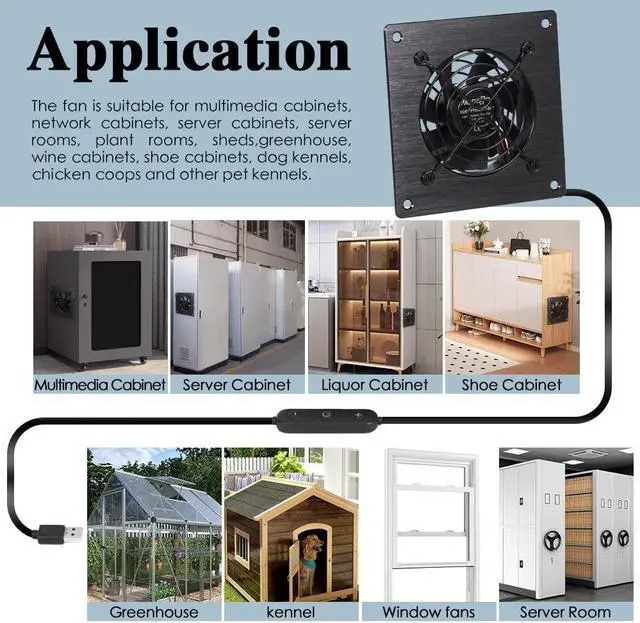Alt view image 2 of 5 - xiaoqijia USB 80MM Cabinet Fan 5V Quiet Cooling Fan DC 12V IPX5 Waterproof Fan System 4" with 10 Speed Control, for Home Theater AV Cabinets Greenhouse Kennel Computer Cabinet Component Cooling
