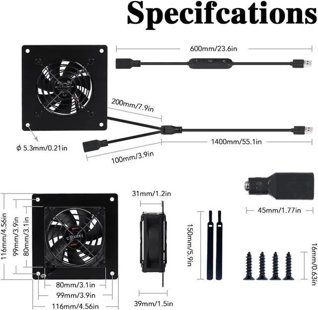 Alt view image 3 of 5 - xiaoqijia USB 80MM Cabinet Fan 5V Quiet Cooling Fan DC 12V IPX5 Waterproof Fan System 4" with 10 Speed Control, for Home Theater AV Cabinets Greenhouse Kennel Computer Cabinet Component Cooling