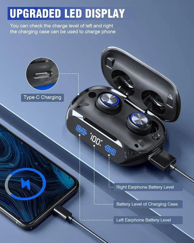 Alt view image 3 of 5 - YIPUT Wireless Earbuds Bluetooth 5.3 Headphones 200 Hours Playtime with 2000mAh charg Case,in Ear Headest IP7Waterproof Noise Cancelling Built-in Mic,Premiu Bass LCD Display,for Sports/Working/Study