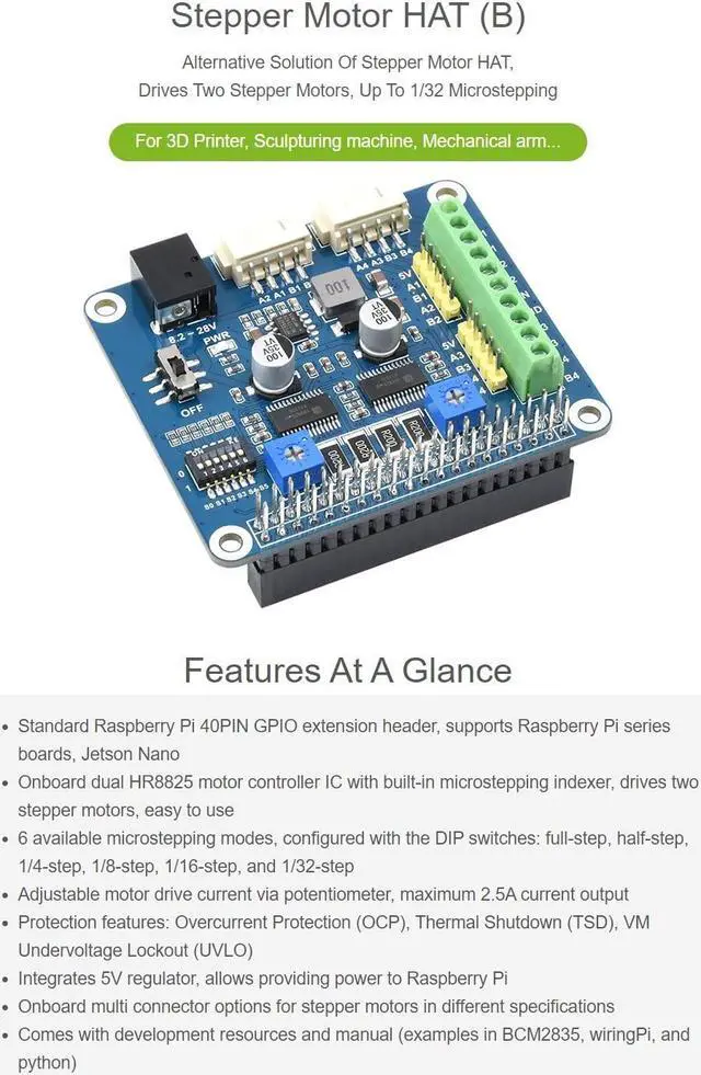 Alt view image 3 of 5 - Waveshare HRB8825 Stepper Motor HAT Compatible with Raspberry Pi Drives Two Stepper Motors Up to 1/32 Microstepping
