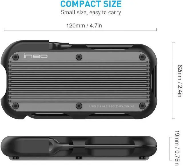 Alt view image 5 of 5 - ineo M.2 NVMe (PCIe) USB 3.2 Gen 2 Type-C Rugged Waterproof Shockproof Aluminum Cover SSD Enclosure [C2594-NVMe]
