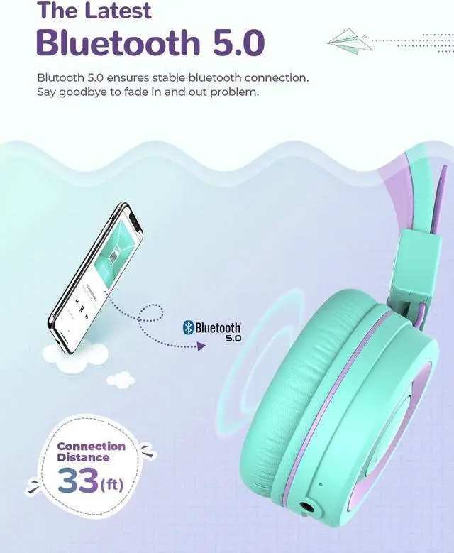 Alt view image 3 of 5 - iClever BTH02 & BTH22 Kids Bluetooth Headphones, Safe Volume, Stereo Sound, Foldable, Adjustable Headband, Kids Headphones Wireless with Mic AUX Cord for iPad/Tablet/Trave/School
