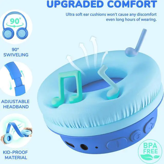 Alt view image 5 of 5 - iClever BTH02 & BTH22 Kids Bluetooth Headphones, Safe Volume, Stereo Sound, Foldable, Adjustable Headband, Kids Headphones Wireless with Mic AUX Cord for iPad/Tablet/Trave/School