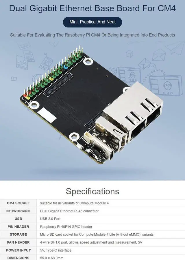 Alt view image 2 of 5 - Waveshare Mini Dual Gigabit Ethernet Base Board Compatible with Raspberry Pi Compute Module 4 Suitable for All Variants of Compute Module 4, Only Including CM4-DUAL-ETH-MINI Baseboard