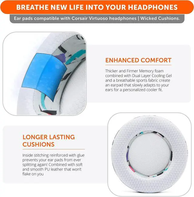 Alt view image 4 of 5 - WC Freeze Virtuoso - Hybrid Fabric Cooling Gel Replacement Earpads for Corsair Virtuoso Gaming Headset, Made by Wicked Cushions, Improved Durability, Thickness and Sound Isolation |90'S White