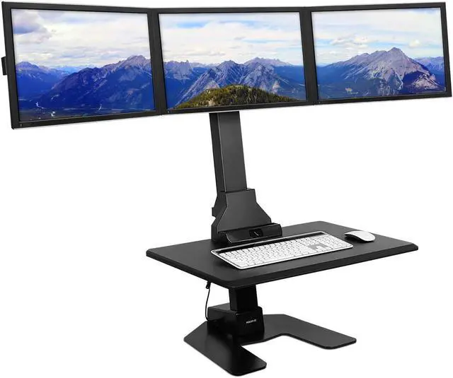 Main image of Mount-It! Triple Monitor Electric Standing Desk Converter - 3 Screens Stand Up Desk Riser - Height Adjustable Desktop & 3 Mounts for Screens up to 32", Sit-Stand Convertor for Home, Office, School