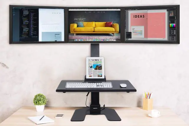 Alt view image 2 of 5 - Mount-It! Triple Monitor Electric Standing Desk Converter - 3 Screens Stand Up Desk Riser - Height Adjustable Desktop & 3 Mounts for Screens up to 32", Sit-Stand Convertor for Home, Office, School