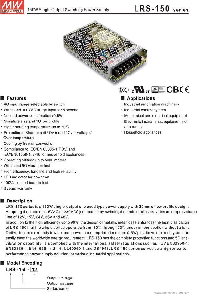 Alt view image 2 of 5 - MW Mean Well LRS-150-48 48V 3.3A 150W Single Output Switching Power Supply