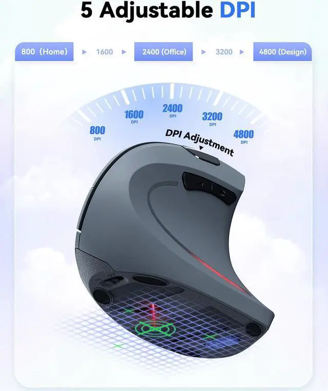 Alt view image 3 of 5 - TECKNET Ergonomic Mouse, 4800 DPI Silent Mouse 5 Adjustable DPI, Wireless Mouse 2.4G Vertical Mouse 6 Buttons Computer Mouse Wide Compatibility (Grey)
