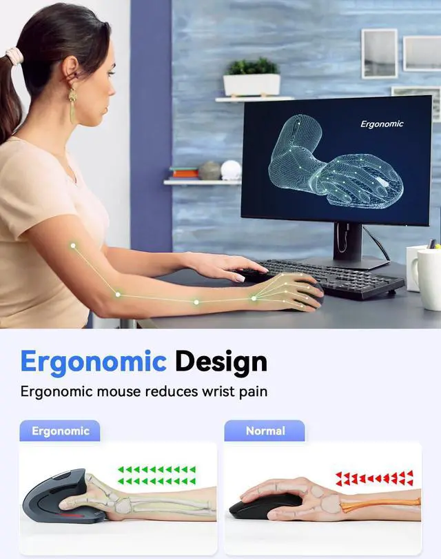 Alt view image 2 of 5 - TECKNET Ergonomic Mouse, 4800 DPI Silent Mouse 5 Adjustable DPI, Wireless Mouse 2.4G Vertical Mouse 6 Buttons Computer Mouse Wide Compatibility (Grey)