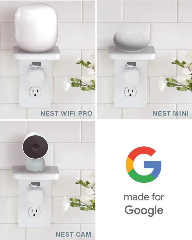 Alt view image 4 of 5 - Sanus Made for Google Small Device Outlet Shelf in White & Fog Grey - Holds Small Electronics Up to 8lbs w/Built-in Cord Storage - Includes Both Standard & Decora Outlet Faceplates - Easy DIY Install