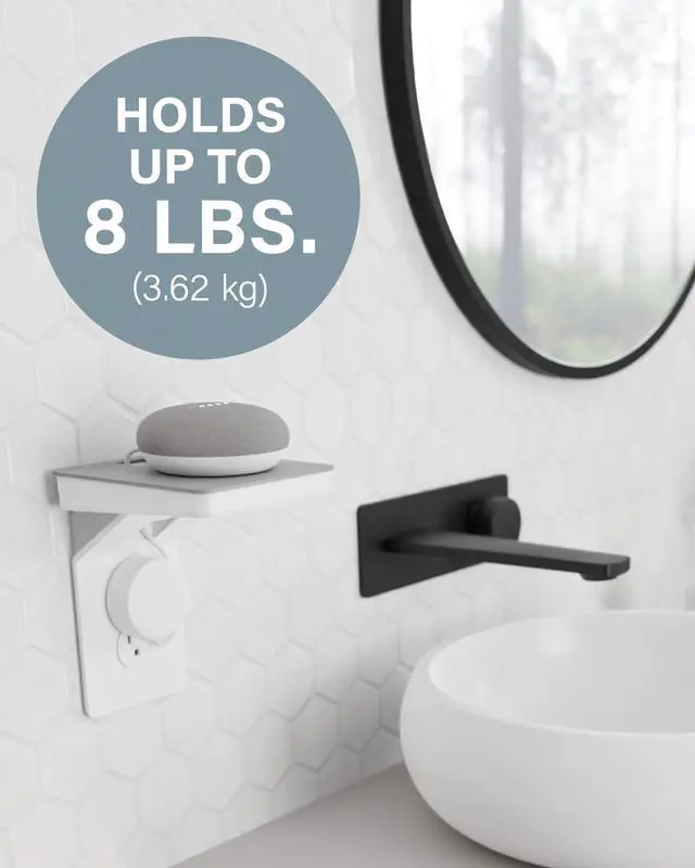 Alt view image 5 of 5 - Sanus Made for Google Small Device Outlet Shelf in White & Fog Grey - Holds Small Electronics Up to 8lbs w/Built-in Cord Storage - Includes Both Standard & Decora Outlet Faceplates - Easy DIY Install
