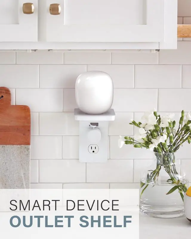 Alt view image 2 of 5 - Sanus Made for Google Small Device Outlet Shelf in White & Fog Grey - Holds Small Electronics Up to 8lbs w/Built-in Cord Storage - Includes Both Standard & Decora Outlet Faceplates - Easy DIY Install