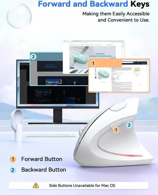 Alt view image 5 of 5 - TECKNET Ergonomic Vertical Mouse, 5 Adjustable DPI, 6 Buttons, Wireless 2.4G, Compatible with Windows/Mac/Linux (White)