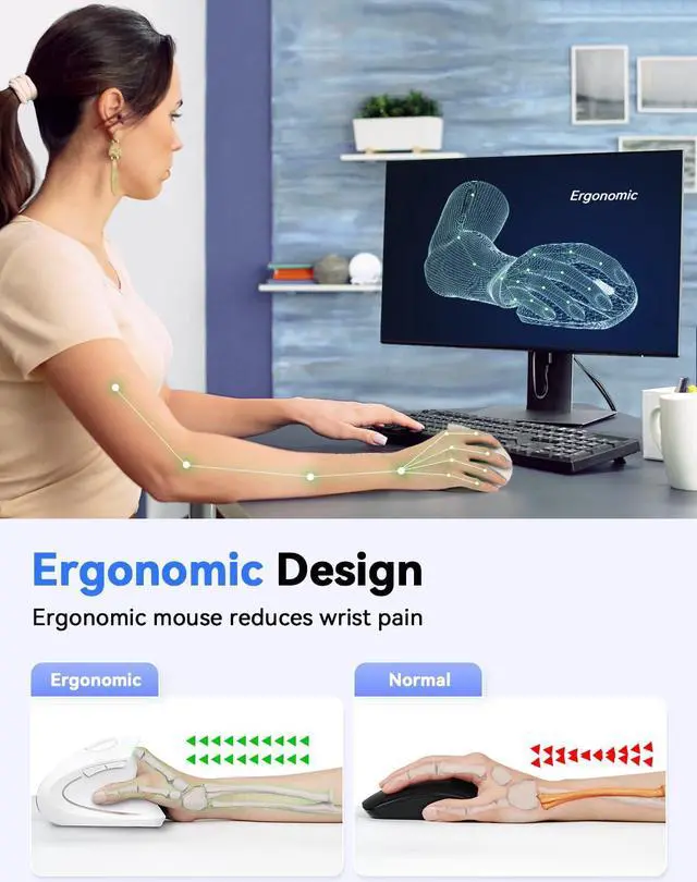Alt view image 3 of 5 - TECKNET Ergonomic Vertical Mouse, 5 Adjustable DPI, 6 Buttons, Wireless 2.4G, Compatible with Windows/Mac/Linux (White)