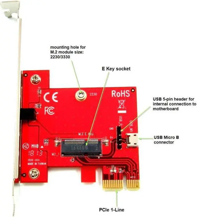 Alt view image 2 of 5 - Ableconn PEXM2150E PCI Express x1 Adapter Card with M.2 Key E Socket - Support M2 E Key or A-E Key WiFi or Bluetooth Module