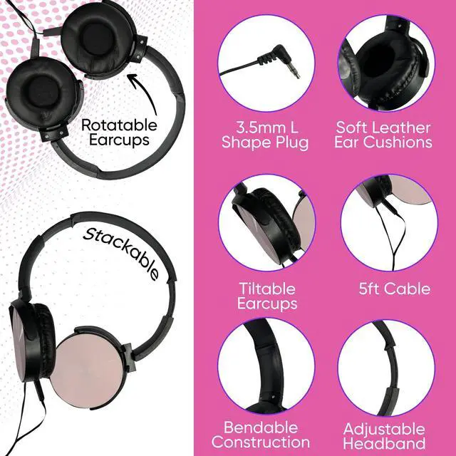 Alt view image 5 of 5 - 5 Pack Bulk Wired On-Ear Leather Headphones with 3.5mm Connector, Round Metal Housing, Multi