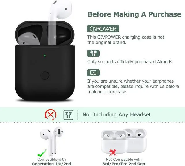 Alt view image 2 of 5 - CIVPOWER Wireless Charging Case Compatible with AirPods 1 2Air pods Charger Case Replacement with Bluetooth Pairing Sync Buttonno Aipods (Black)