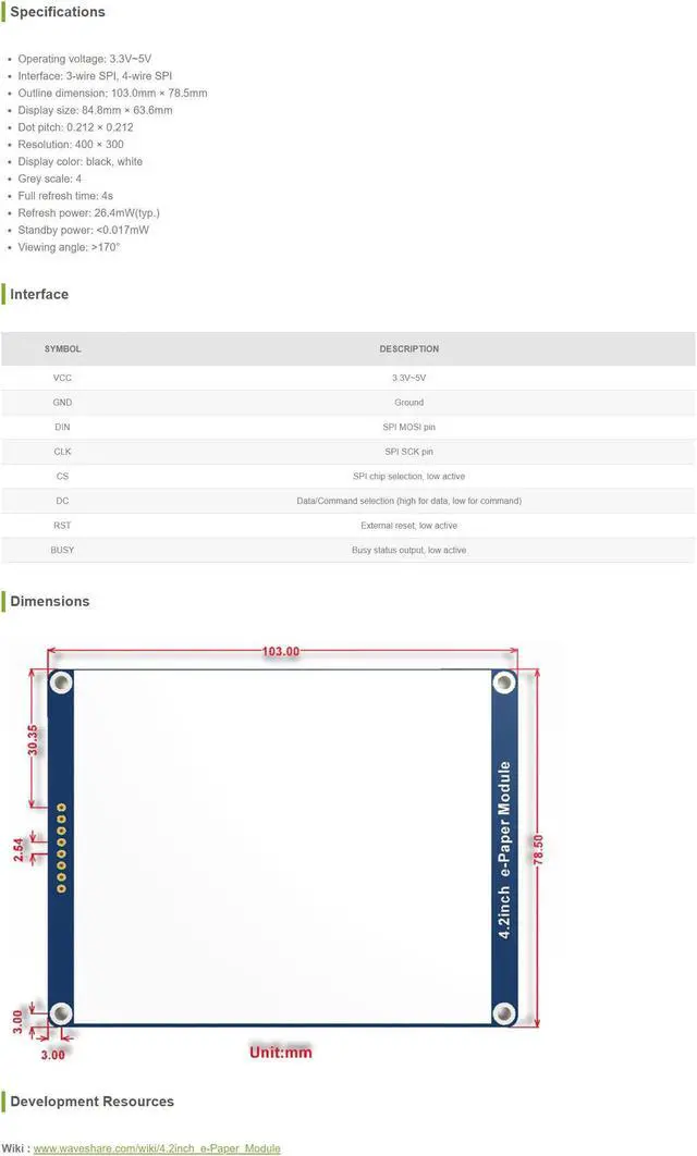 Alt view image 5 of 5 - Coolwell Waveshare 4.2inch E-Ink Display E-Paper Screen Module for Raspberry Pi 4B+ 4B 3B+ 3B 2B+ Zero W WH 2 W Jetson Nano SPI Interface 400x300 Resolution