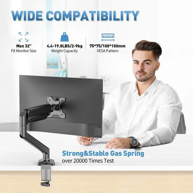 Alt view image 2 of 5 - C-MOUNTS Single Monitor Desk MountGas Spring Monitors Arm for 17-32 inch Screens,Adjustable Computer Monitors Stand up to 4.4 to 19.8 lbs,Vesa Mount with Clamp and Grommet Base, VESA 75 & 100mm