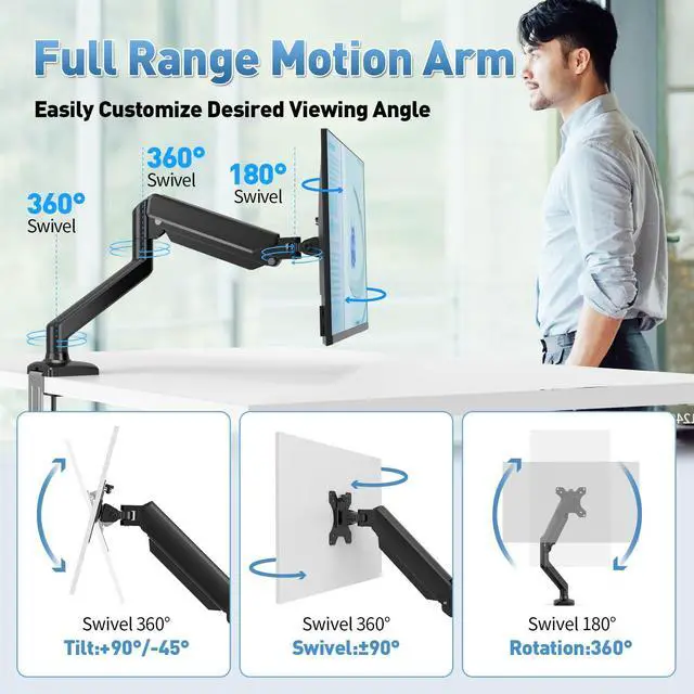Alt view image 3 of 5 - C-MOUNTS Single Monitor Desk MountGas Spring Monitors Arm for 17-32 inch Screens,Adjustable Computer Monitors Stand up to 4.4 to 19.8 lbs,Vesa Mount with Clamp and Grommet Base, VESA 75 & 100mm