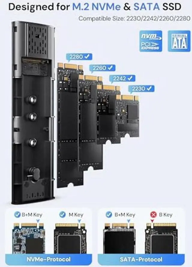 Alt view image 2 of 5 - M.2 NVMe SATA SSD Enclosure, dockteck Tool-Free 10Gbps USB 3.2 Gen 2 NVMe to USB Adapter Case for SSDs 2230/2242/2260/2280, External SSD Reader Supports M-Key/B+M Key and UASP
