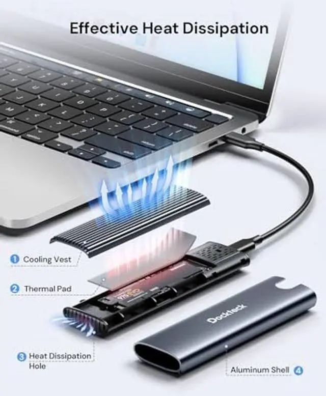 Alt view image 3 of 5 - M.2 NVMe SATA SSD Enclosure, dockteck Tool-Free 10Gbps USB 3.2 Gen 2 NVMe to USB Adapter Case for SSDs 2230/2242/2260/2280, External SSD Reader Supports M-Key/B+M Key and UASP