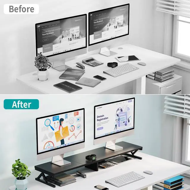 Alt view image 3 of 5 - ErgoFocus Dual Monitor Stand Riser, Large Wood Monitor Lift with Storage, Sturdy Wood&Steel Multi Screen Stand, Desktop Organizer