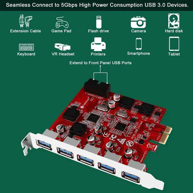 Alt view image 4 of 5 - FebSmart 7-Ports Superspeed 5Gbps USB 3.0 PCIE Expansion Card, 5-Ports USB-A and an 19Pin USB 3.0 Header, Built in FebSmart Self-Powered Technology, No Need Additional Power Supply (FS-U7S-Pro)