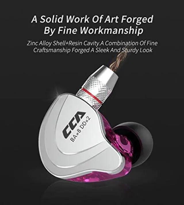 Alt view image 3 of 5 - CCA C10 in-Ear Headphone, 1DD+4BA Hybrid Drivers HiFi in-Ear Earphone, Aluminum Alloy Faceplate in Ear Monitor with Detachable 0.75mm 2Pin Cable for Audiophile Musician,Black (Purple,No Mic)