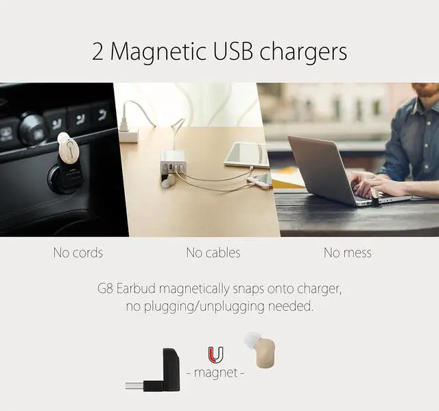 Alt view image 5 of 5 - GoNovate G8 Bluetooth Earpiece Wireless Mini Earbud, 6 Hrs Playtime 2 Magnetic USB Chargers Invisible Headphone Tiny Smallest Headset Car Earphone with Mic for Samsung Galaxy -Khaki (1 Piece)