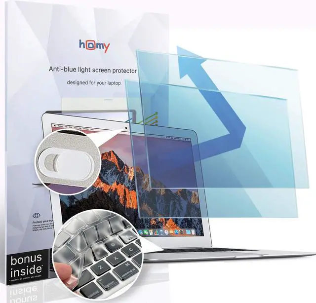 Main image of homy Anti-Blue Light Screen Protector Kit [2-Pack] for MacBook Air 13 inch Film 2017-2023 or Earlier. Bonus: Ultra-Thin TPU Keyboard Cover & Web Camera Sliding Cover. Eye Protection for A1369 A1466