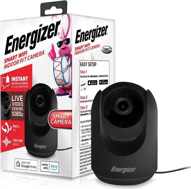 Alt view image 2 of 5 - Energizer Smart 1080p Indoor Pan & Tilt Wired Camera, Motion Tracking, Two-Way Conversation, Night Vision, Instant Notifications, Works with Google Home and Alexa, Night Vision, Black