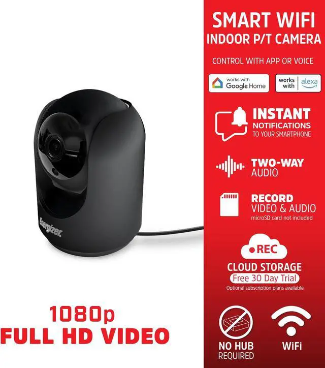 Alt view image 5 of 5 - Energizer Smart 1080p Indoor Pan & Tilt Wired Camera, Motion Tracking, Two-Way Conversation, Night Vision, Instant Notifications, Works with Google Home and Alexa, Night Vision, Black