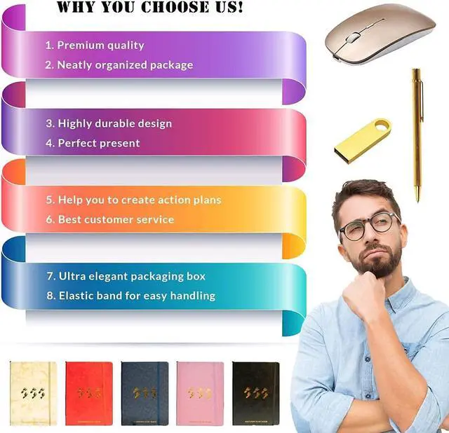 Alt view image 3 of 5 - Footsteps to My Vision Blue Notebook Set  Deluxe Personalized Leather Journal with Pen Set  8GB USB Flashdrive, Wireless Mouse, Leather Planner for Men and Women Create Action Plan, Smart Goal