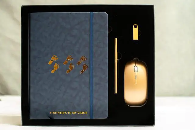 Main image of Footsteps to My Vision Blue Notebook Set  Deluxe Personalized Leather Journal with Pen Set  8GB USB Flashdrive, Wireless Mouse, Leather Planner for Men and Women Create Action Plan, Smart Goal