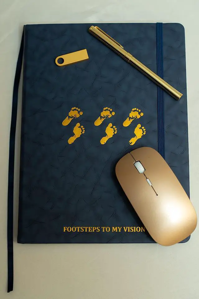 Alt view image 4 of 5 - Footsteps to My Vision Blue Notebook Set  Deluxe Personalized Leather Journal with Pen Set  8GB USB Flashdrive, Wireless Mouse, Leather Planner for Men and Women Create Action Plan, Smart Goal