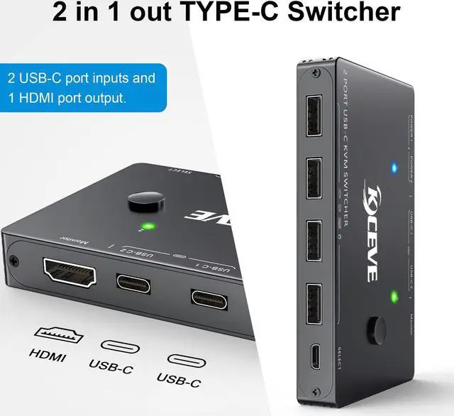 Alt view image 3 of 5 - USB-C KVM Switch, KCEVE 2 Ports KVM Type-C Switcher Box Support 4K@60Hz for 2 Computers Share Keyboard Mouse and Monitor, Suppprt 87W PD Fast Charging