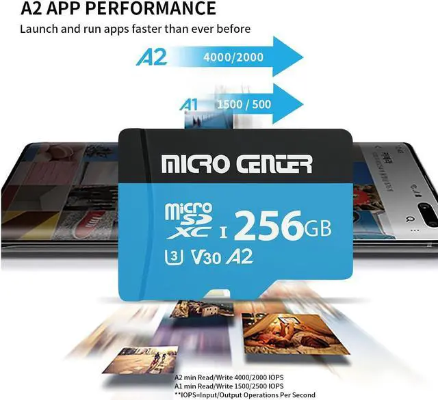 Alt view image 4 of 5 - INLAND Micro Center Performance 256GB microSDXC Card, A2 Micro SD Card, UHS-I C10 U3 V30 A2 4K UHD Video Flash Memory Card with Adapter for Smartphones, Tablets, Drones and Action Cameras