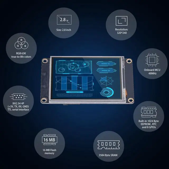 Alt view image 2 of 5 - Nextion 2.8'' HMI Display Enhanced Series NX3224K028 Resistive LCD-TFT Touch Screen 320 * 240, with RTC Function and 8 Digital GPIOs, Suitable for IoT Smart Device, 3D Printer, etc.