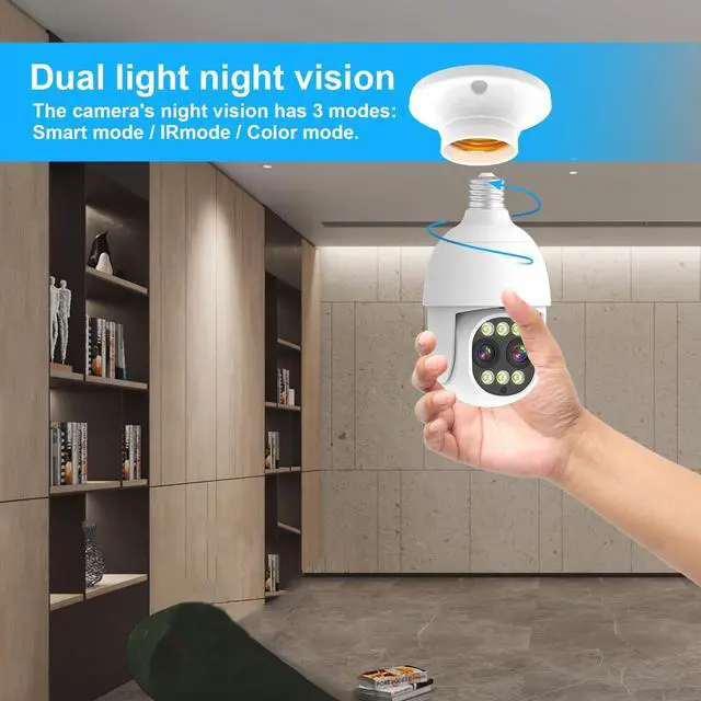 Alt view image 2 of 5 - Bulb Camera WiFi Security Camera Water Proof 360°, 4MP HD Home Outdoor Light Bulb Camera Dual Lens with Auto Motion Detection Alarm Night Vision, 2.4Ghz WiFi Motion Detection, Compatible with Alexa