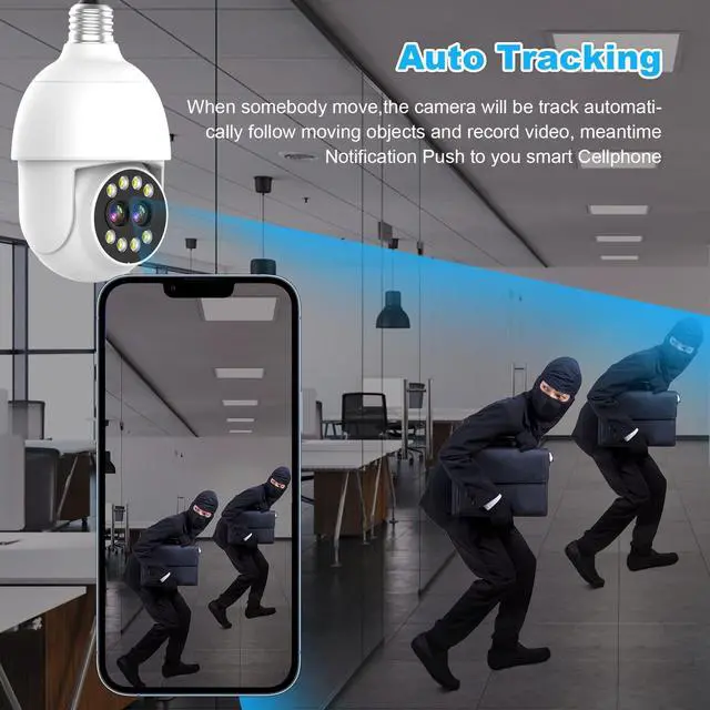 Alt view image 5 of 5 - Bulb Camera WiFi Security Camera Water Proof 360°, 4MP HD Home Outdoor Light Bulb Camera Dual Lens with Auto Motion Detection Alarm Night Vision, 2.4Ghz WiFi Motion Detection, Compatible with Alexa