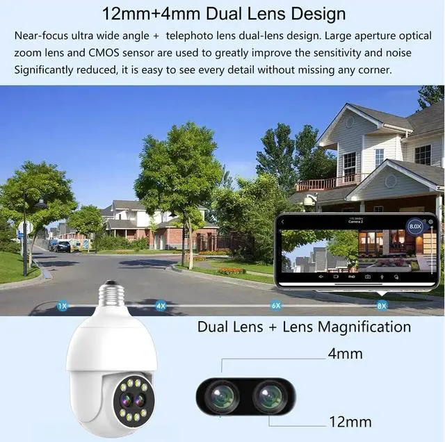 Alt view image 4 of 5 - Bulb Camera WiFi Security Camera Water Proof 360°, 4MP HD Home Outdoor Light Bulb Camera Dual Lens with Auto Motion Detection Alarm Night Vision, 2.4Ghz WiFi Motion Detection, Compatible with Alexa