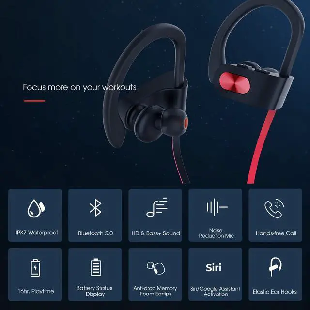 Alt view image 2 of 5 - Bluetooth Headphones V5.0, Flame Running Headphones w/16 Hrs Playtime, Bass+ HD Stereo Wireless Sports Earphones w/IPX7 Waterproof Earbuds in Ear for Workout, Gym w/CVC6.0 Noise Cancelling Mic Red