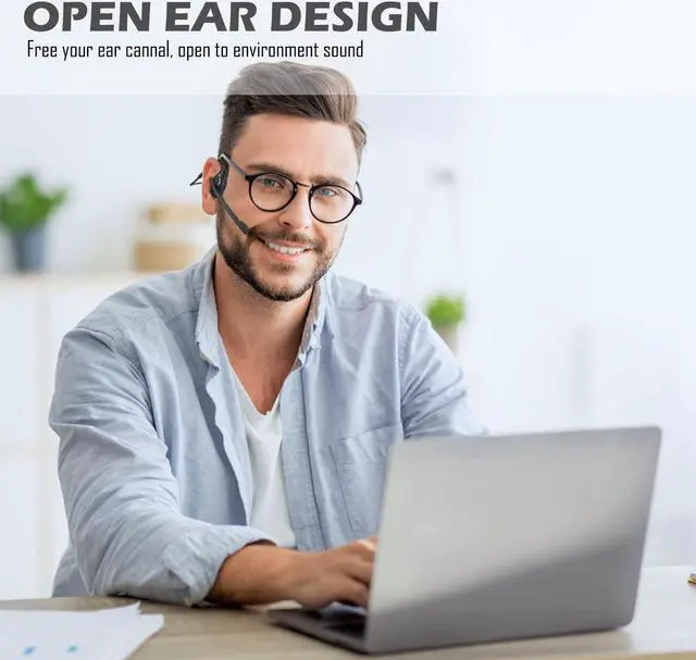 Alt view image 2 of 5 - Seflorgo Bluetooth V5.3 Headphones w/Noise Cancelling Boom Mic, Open Ear Headset with Mic, Lightweight Comfortable Wireless Headset for Phone Call Office Meetings-10 Hrs Worktime